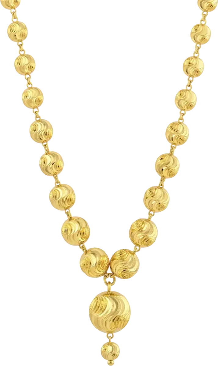 Malaysian Rosary Necklace in 21K gold, graduated diamond-cut beads ending in a drop