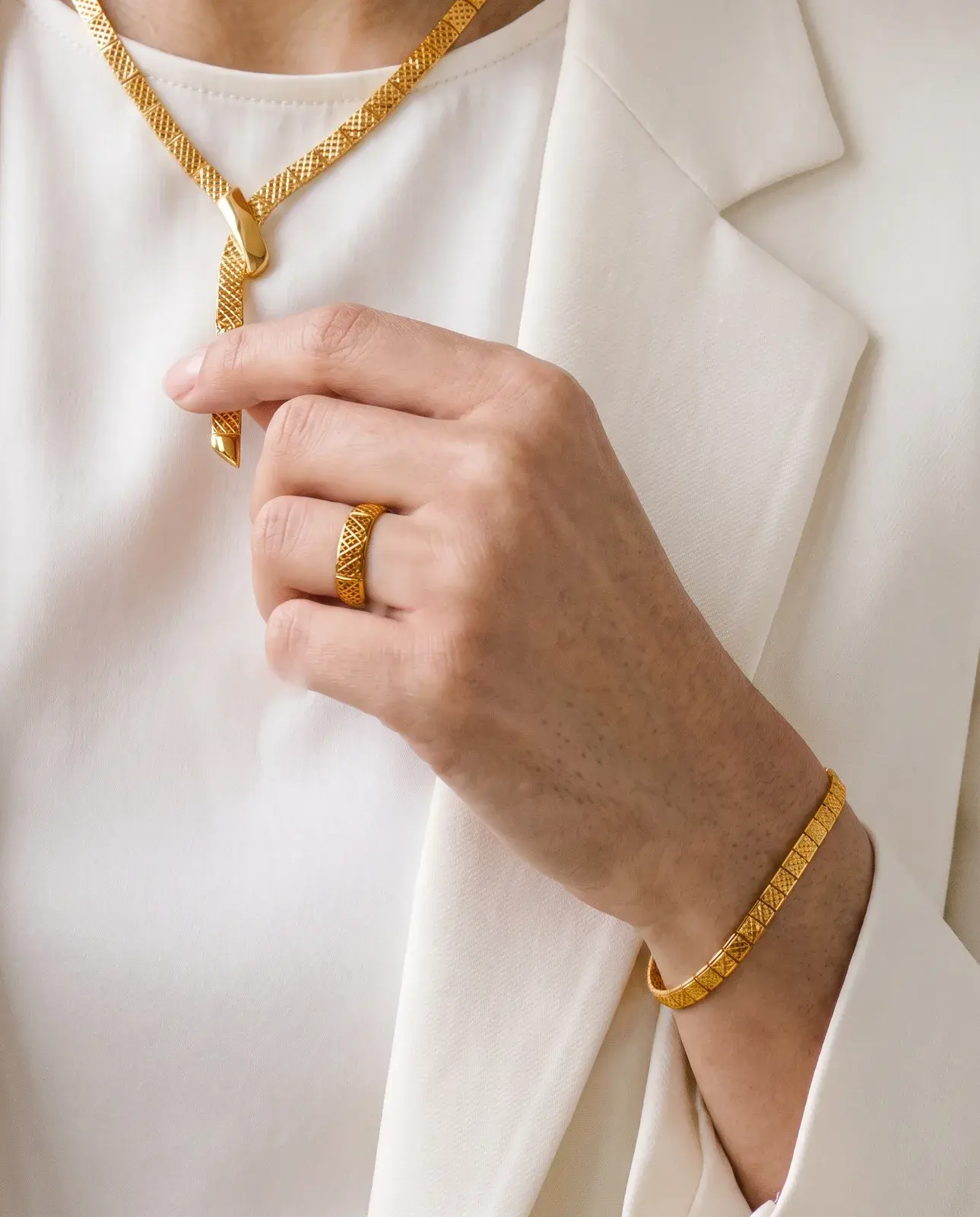 Crossed Lattice Set — worn