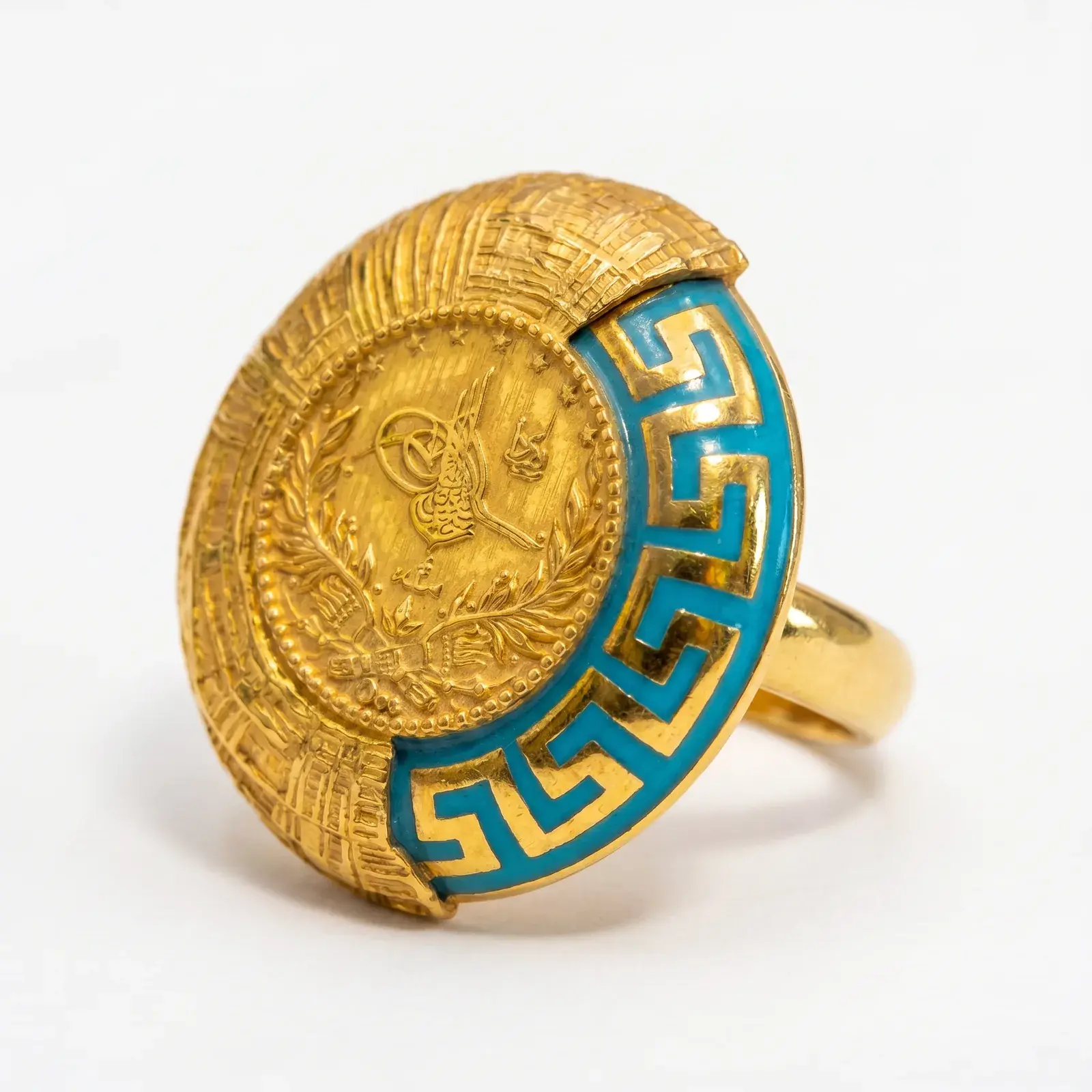 Turquoise Greek-Key Coin Ring — 3