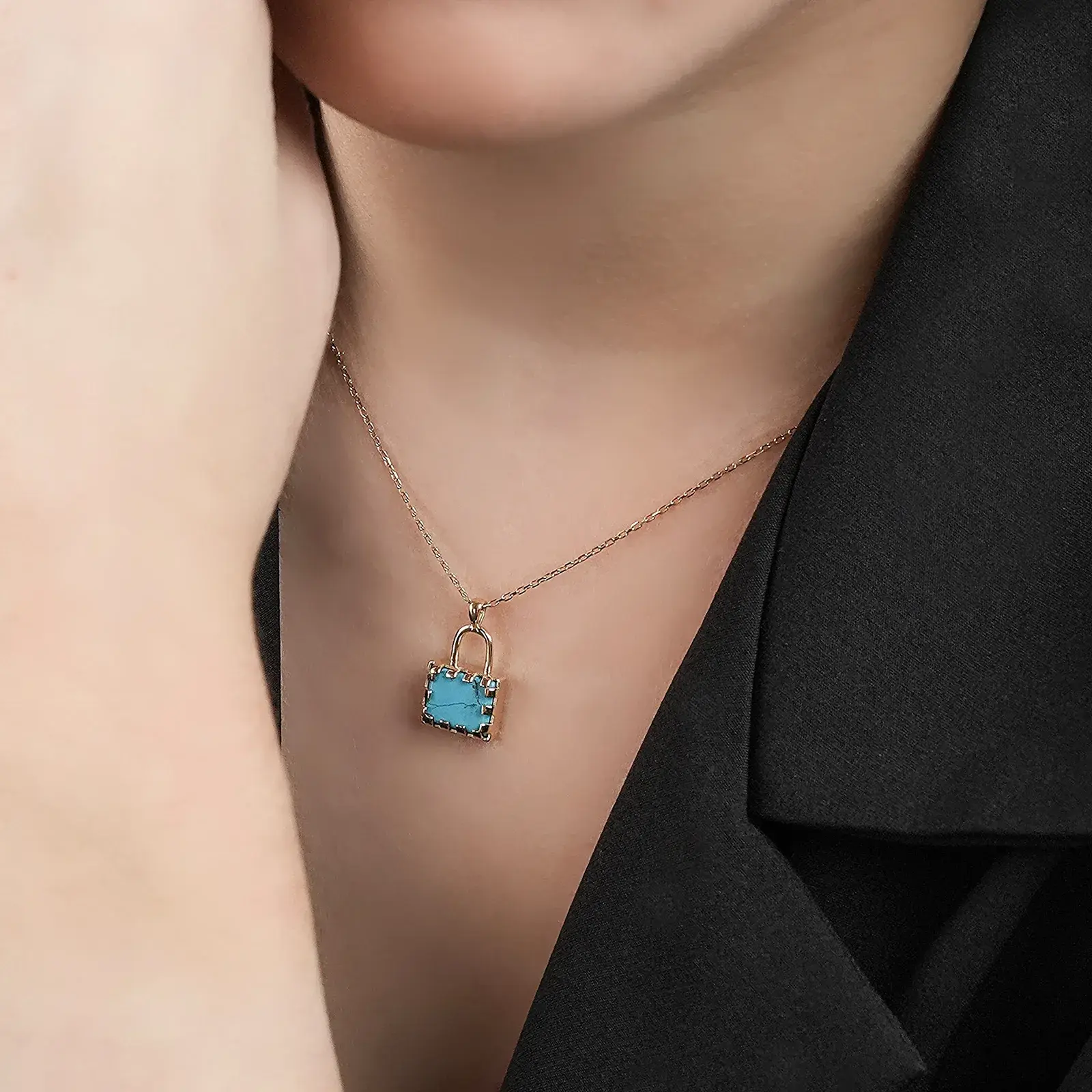Turquoise Padlock Pendant Necklace — 4