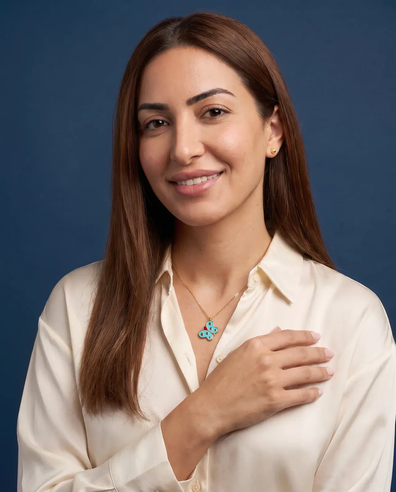 Turquoise Enamel Butterfly Necklace — worn