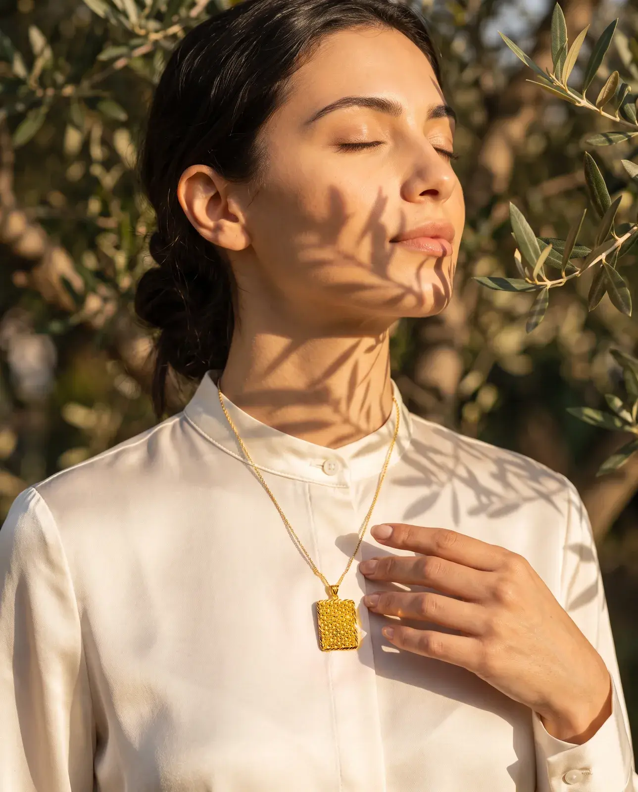 Rosette Mesh Rectangle Pendant — worn