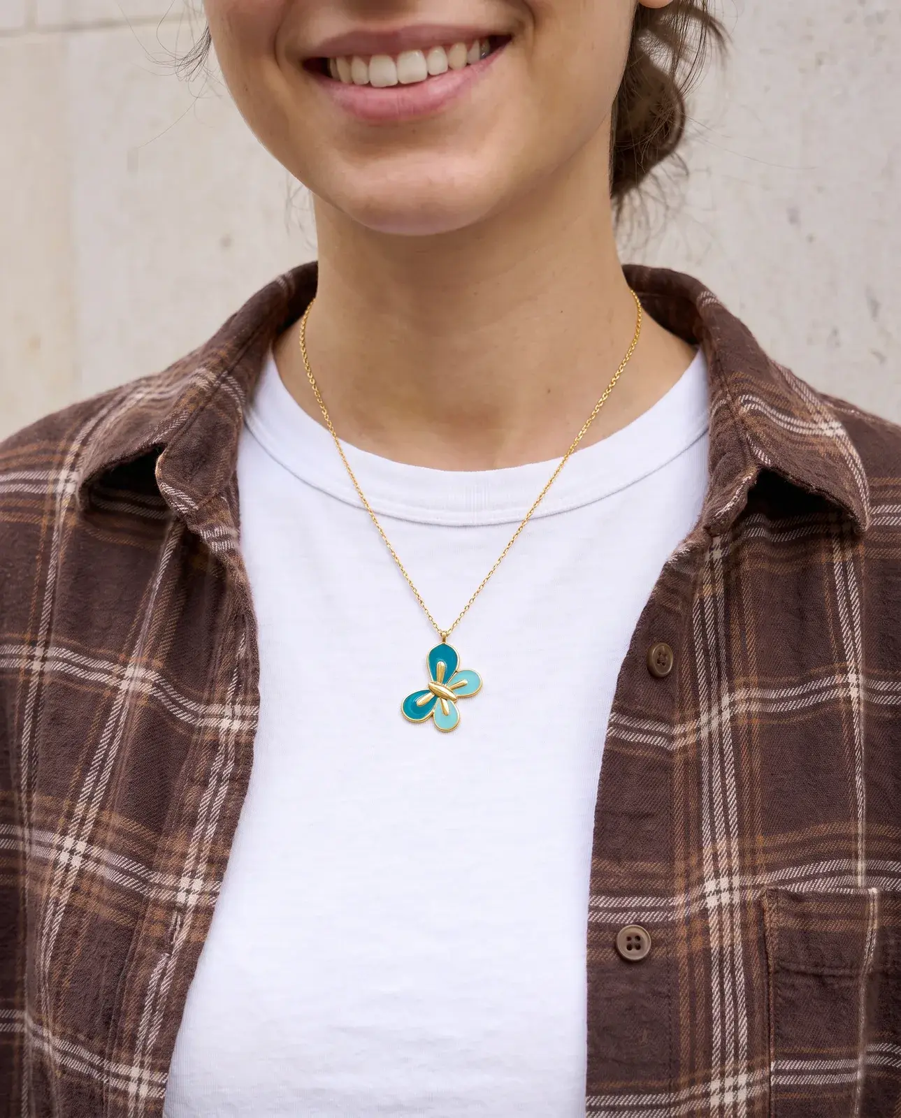 Two-Blue Enamel Butterfly Necklace — worn