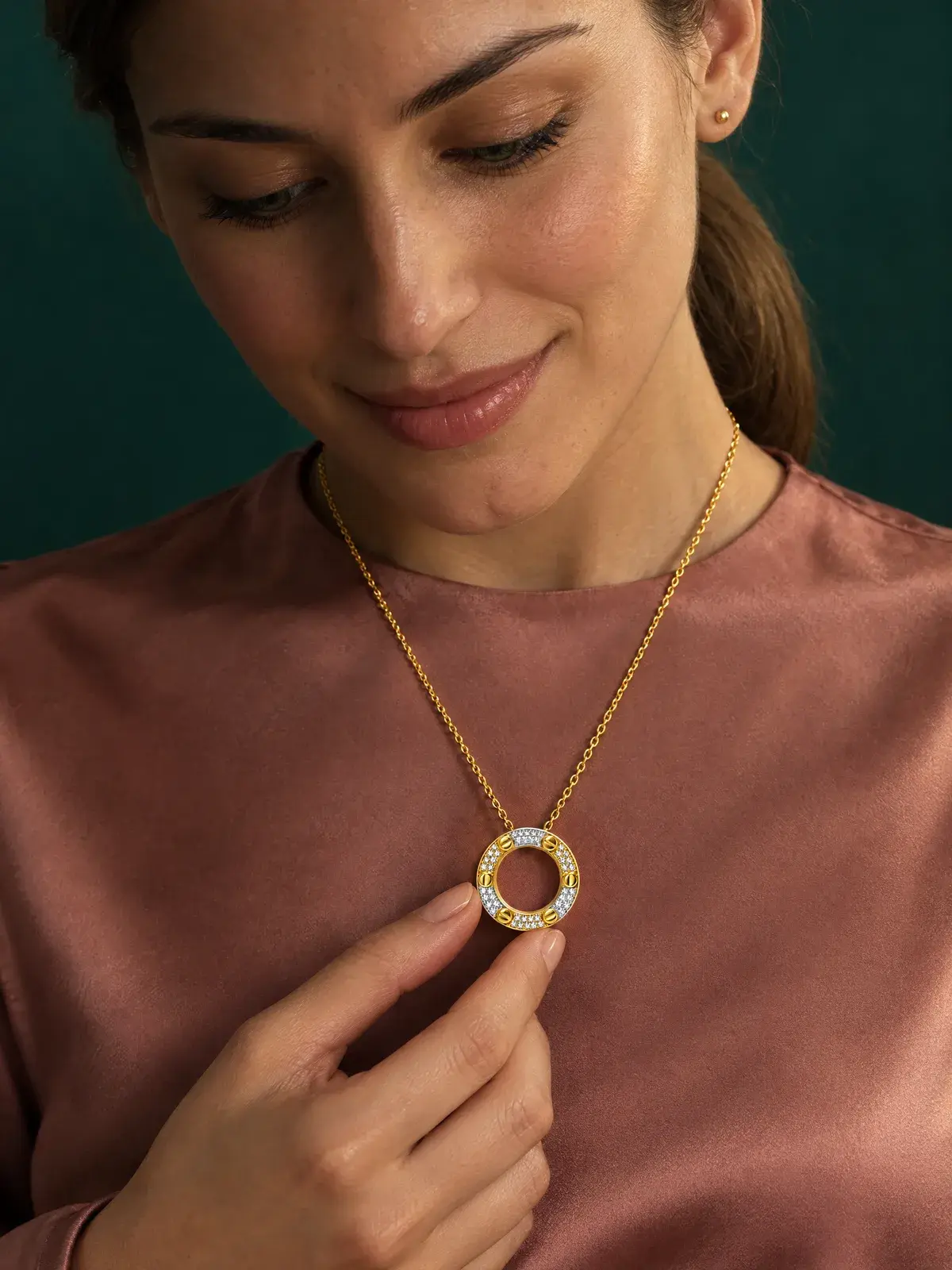 Pavé Screw Circle Necklace — worn