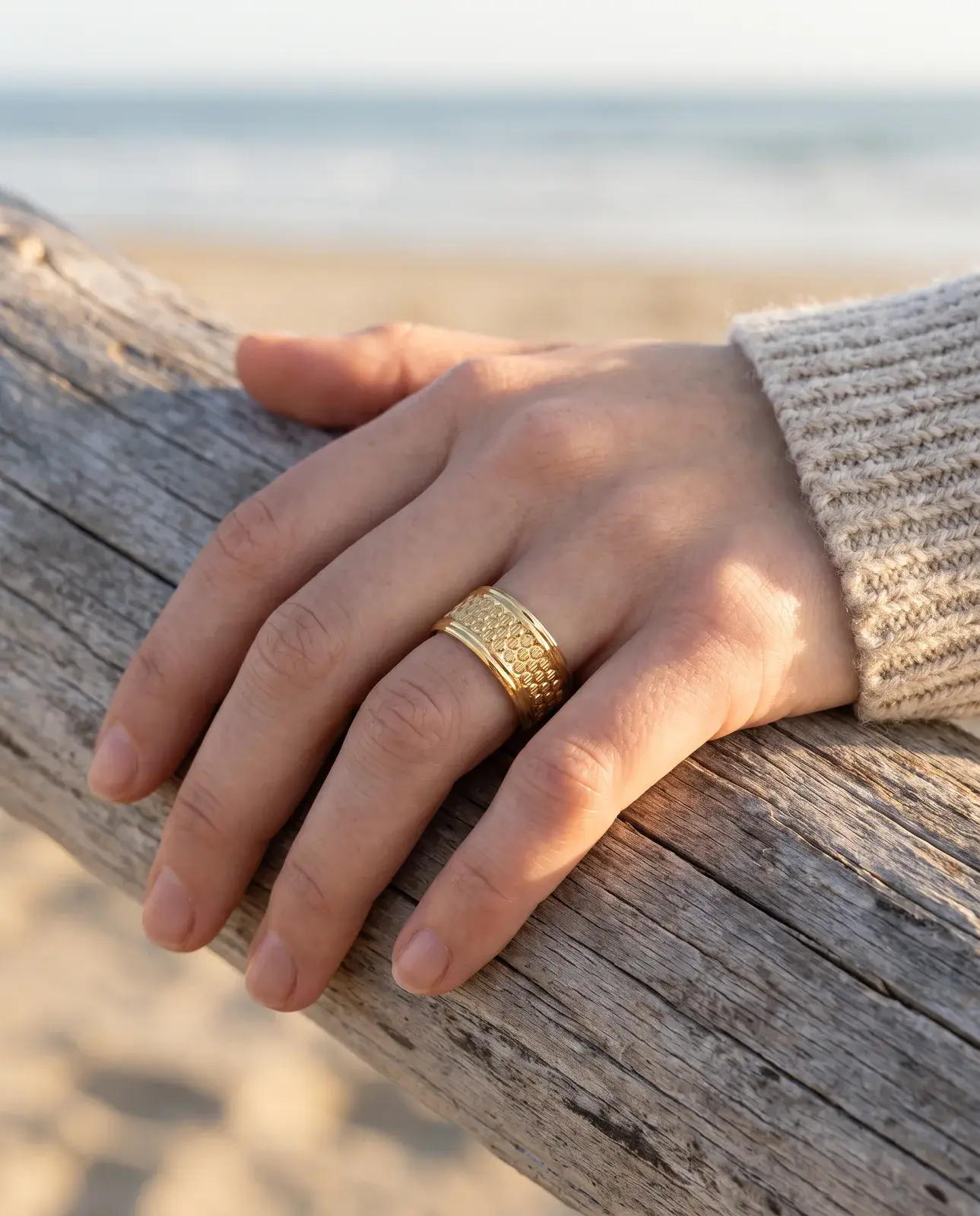 Pebble Texture Wedding Ring — worn