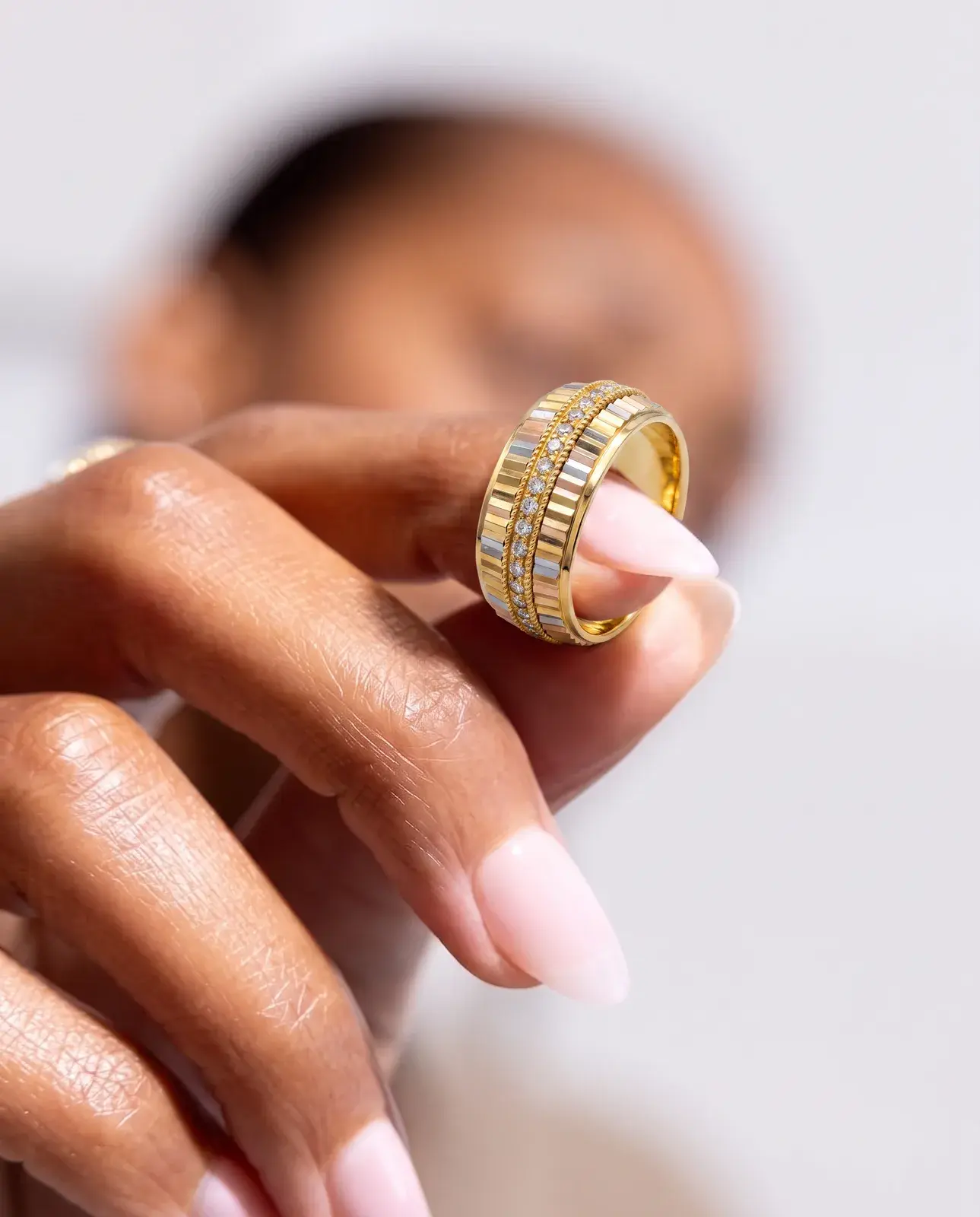 Crown Line with stone Wedding Ring — worn