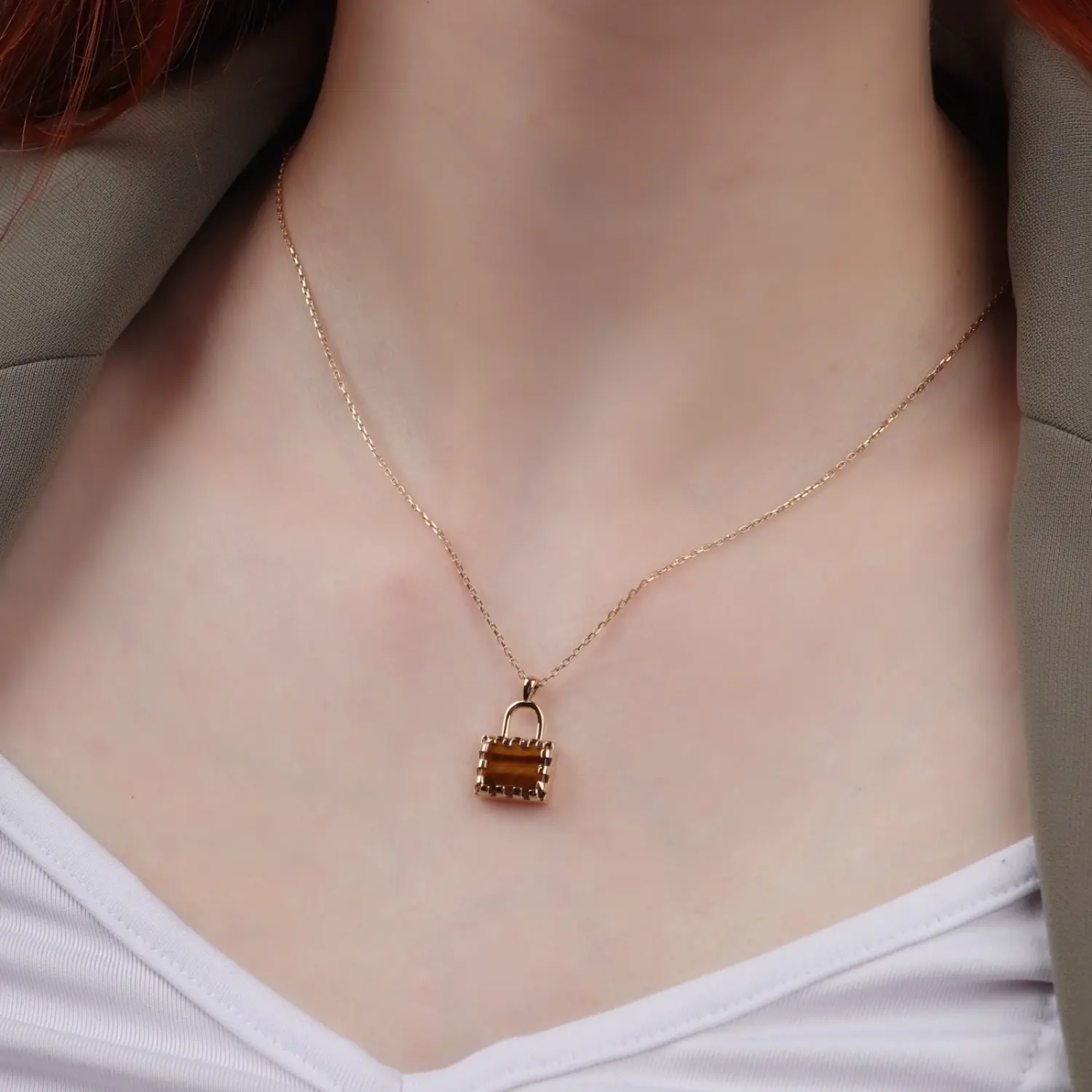 Tiger's Eye Padlock Pendant Necklace — 4