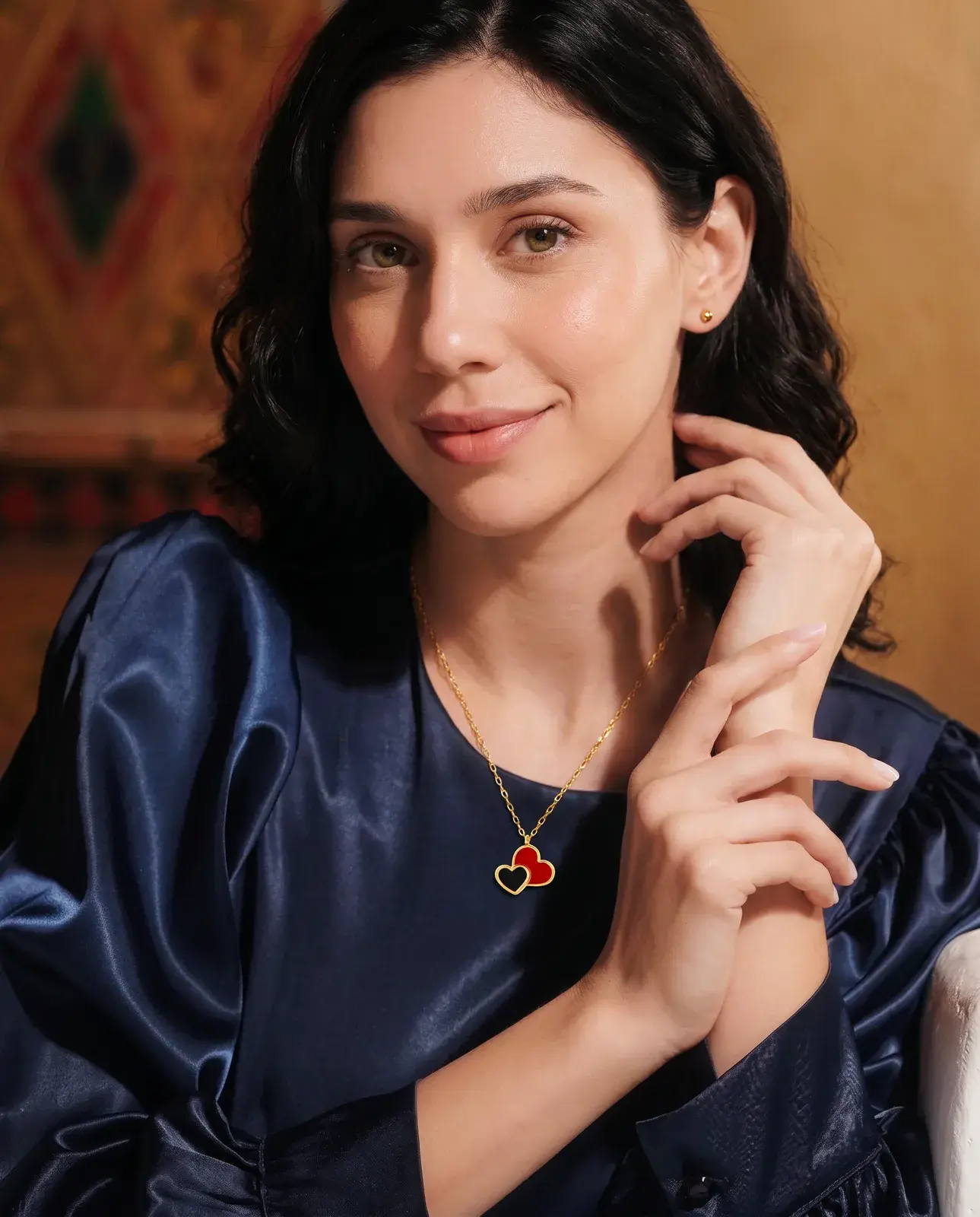 Red and Black Enamel Hearts Necklace — worn