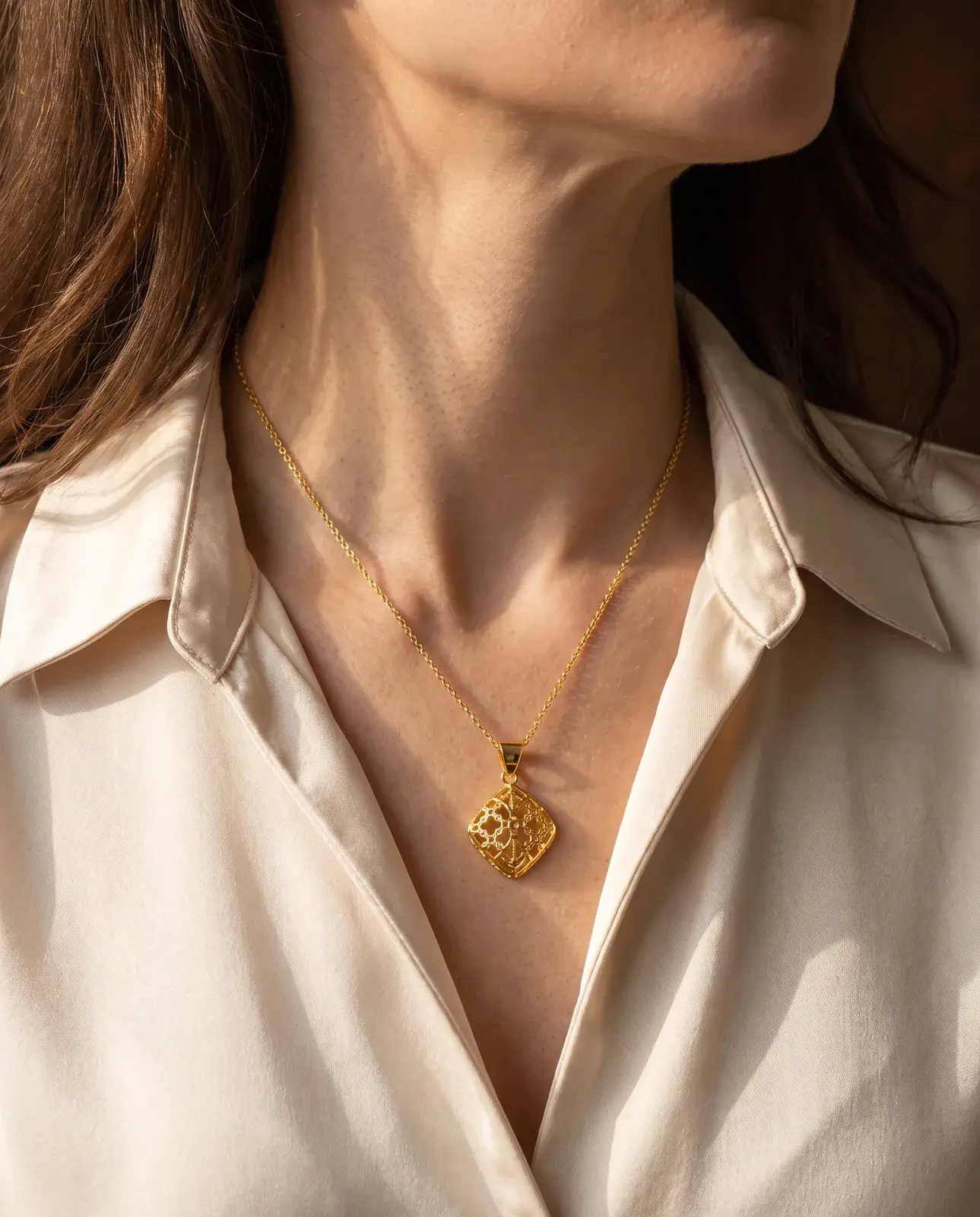 Filigree Square Pendant — worn
