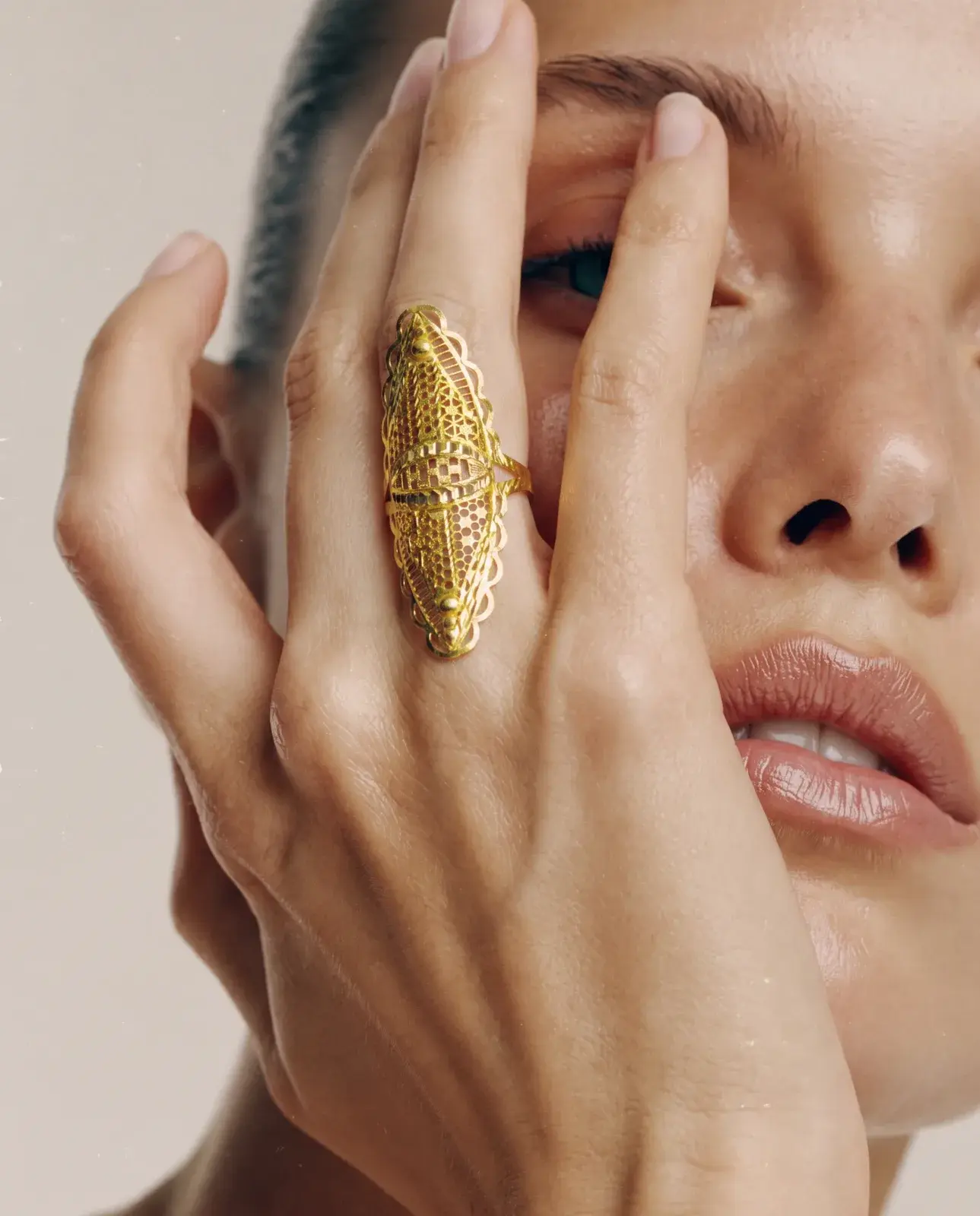 Long Filigree Shield Ring — worn
