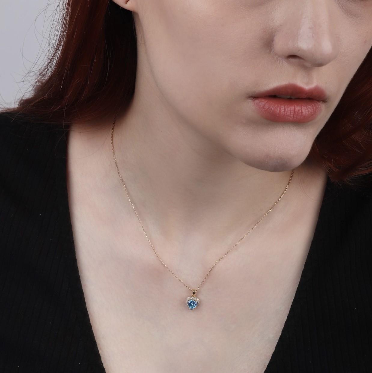 Heart Blue Topaz Halo Pendant Necklace