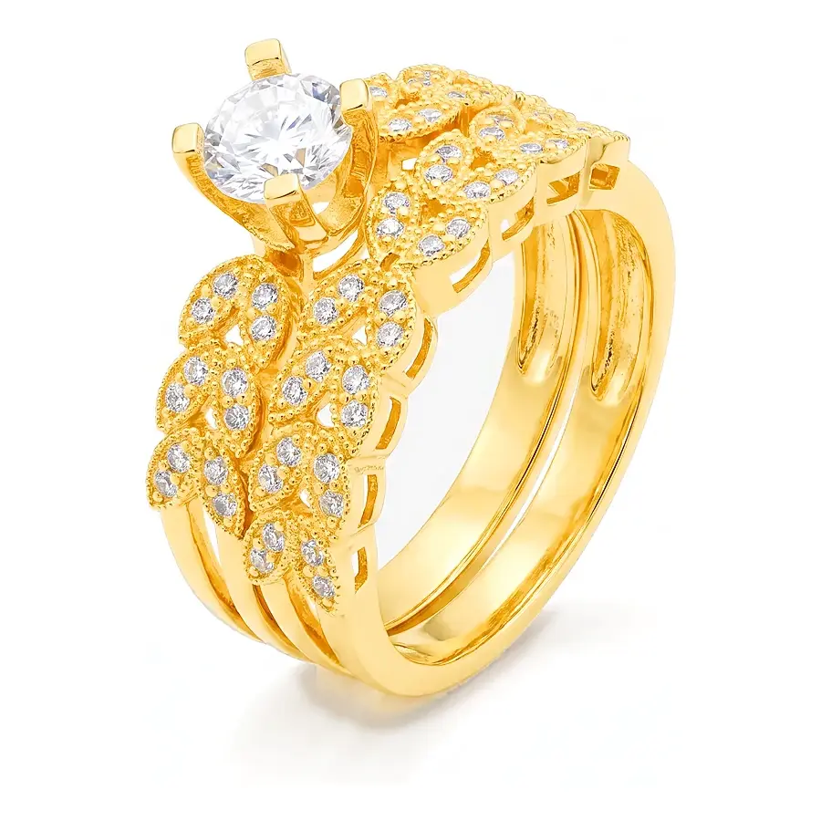 Twin Set · Solitaire & Pavé Leaf Band in 21K yellow gold