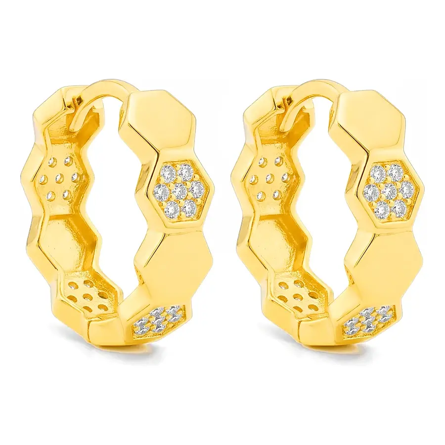 Hexagon Pavé Huggie Earrings in 21K yellow gold